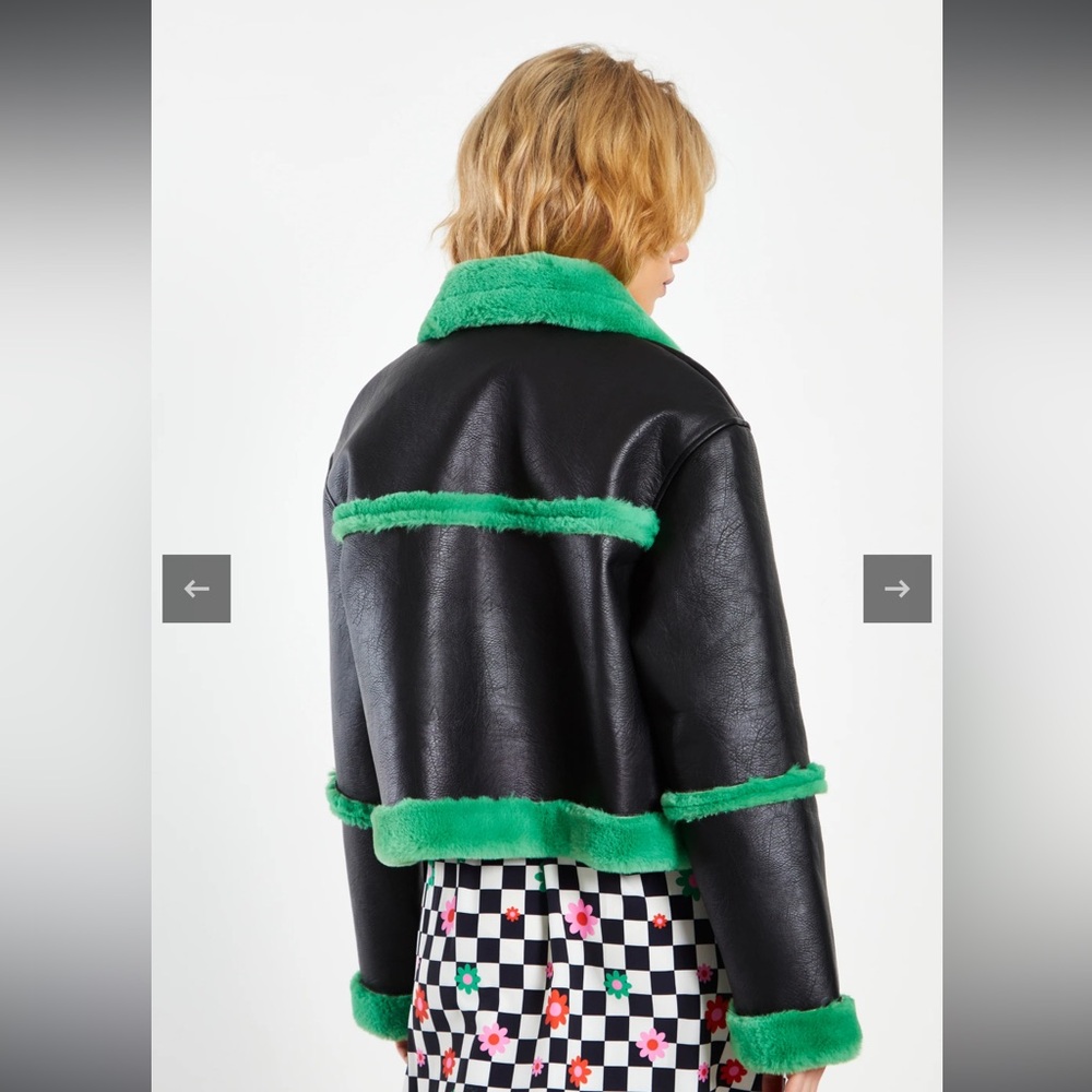 Glamorous Black Green Cropped Shearling Trim Vegan Leather Coat Size 6 - Picture 5 of 13